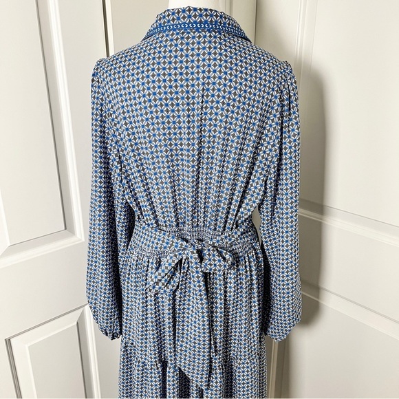 Max Studio Blue & White Mosaic Print Tiered Long Sleeve Midi Dress Tie Belt, M - Picture 7 of 17